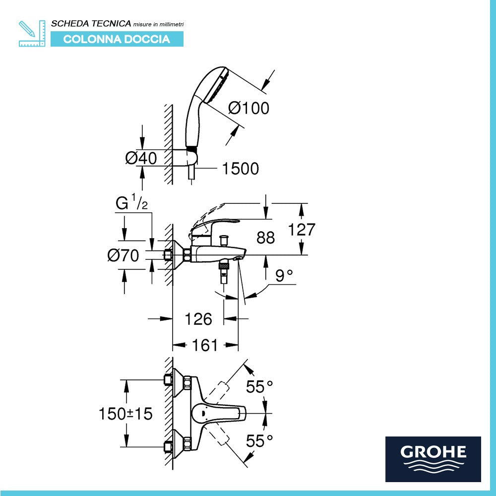 Miselatore Vasca Doccia Grohe Eurosmart con Doccino e Deviatore in Ottone Cromato