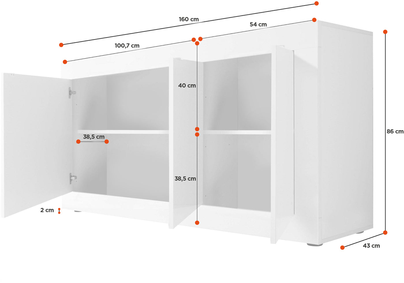 Credenza Moderna, Madia Bianca Lucida con 3 ante in finitura Cemento, ZLCBSC-MDP-BC3