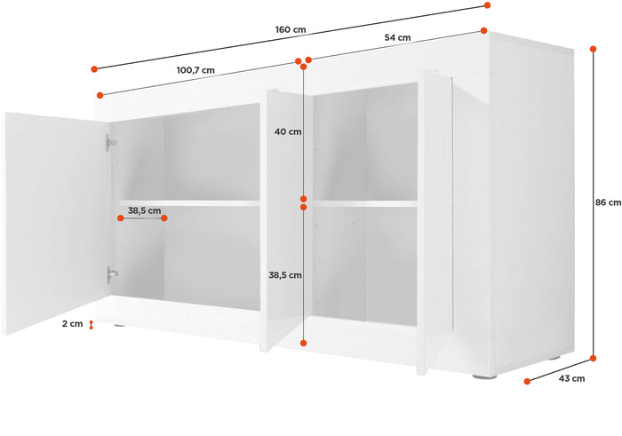 Credenza Moderna, con 3 ante Bianco lucido e Pero, ZLCBSC-MDP-BP3