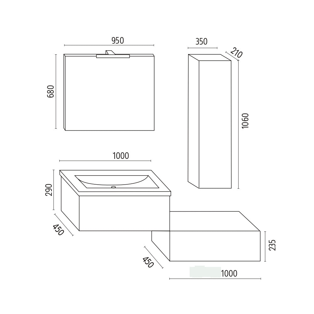 Mobile da bagno sospeso wonder cenere con lavabo specchio e pensile