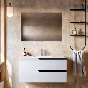 Mobile bagno 100cm sospeso bianco porcellana - jaguar, selezione accessori con specchio