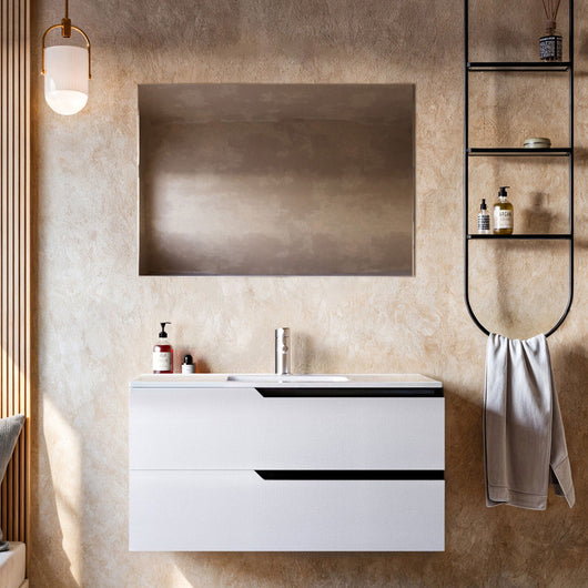 Mobile bagno 100 cm Sospeso Bianco Porcellana Boston con Specchio Rettangolare Bonussi