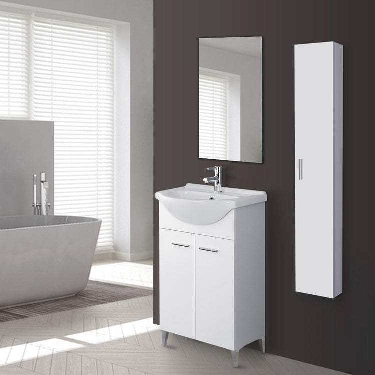 Mobiletto bagno a terra 56 cm bianco lucido con lavandino e specchio inclusi