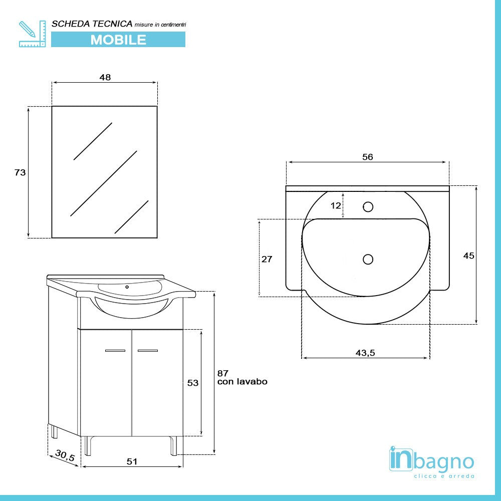 Mobiletto bagno a terra 56 cm bianco lucido con lavandino e specchio inclusi