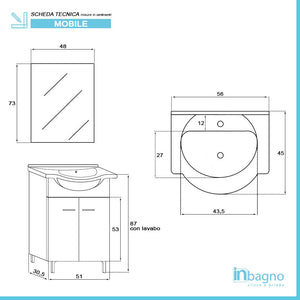 Mobiletto bagno a terra 56 cm bianco lucido con lavandino e specchio inclusi