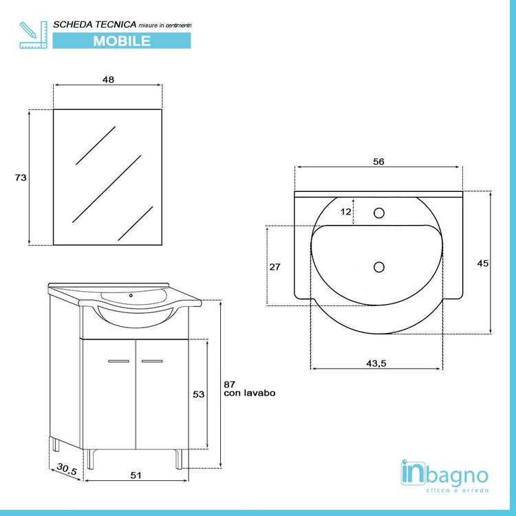 Mobiletto bagno a terra 56 cm bianco lucido con lavandino e specchio inclusi