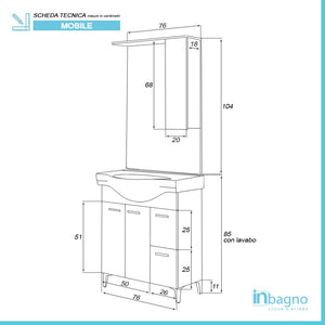 Mobile Bagno in legno Larice L. 82.5 cm 2 Ante, 2 Cassetti e Specchiera con Pensile e Luci