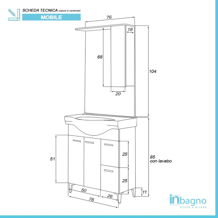 Mobile Bagno in legno Larice L. 82.5 cm 2 Ante, 2 Cassetti e Specchiera con Pensile e Luci