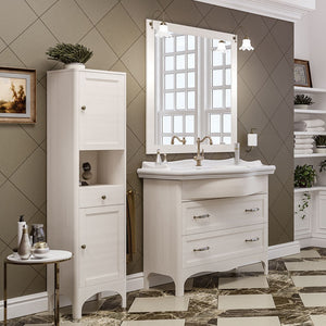 Mobile bagno a terra 115 cm bianco decape con cassetti specchio e lampade Romantica