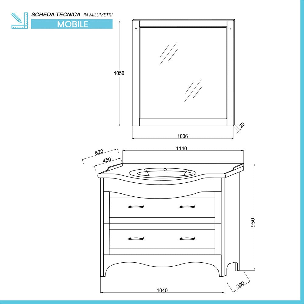 Mobile bagno a terra 115 cm bianco decape con cassetti specchio e lampade Romantica