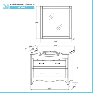 Mobile bagno a terra 115 cm bianco decape con cassetti specchio e lampade Romantica