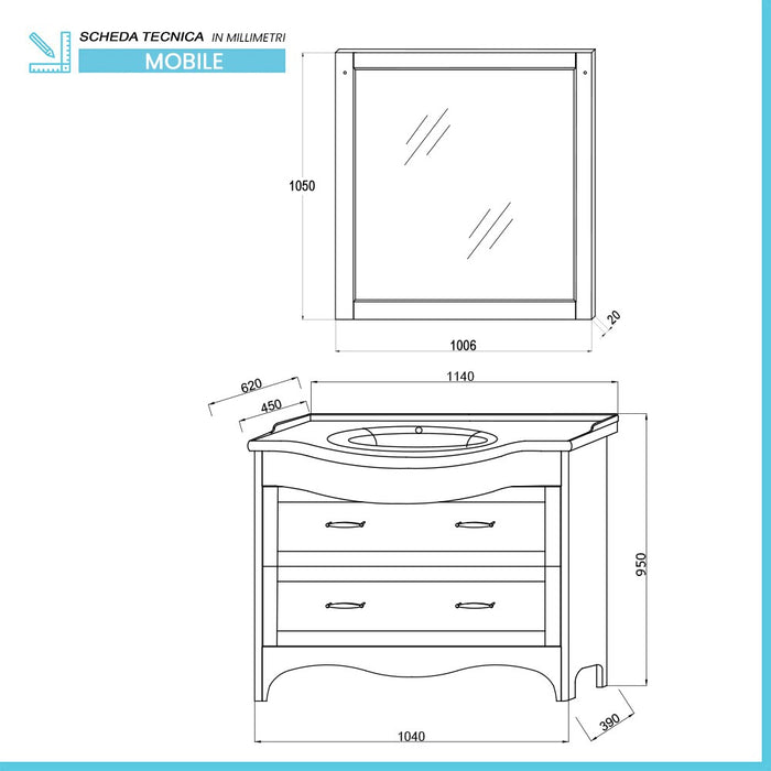 Mobile bagno a terra 115 cm bianco decape con cassetti specchio e lampade Romantica