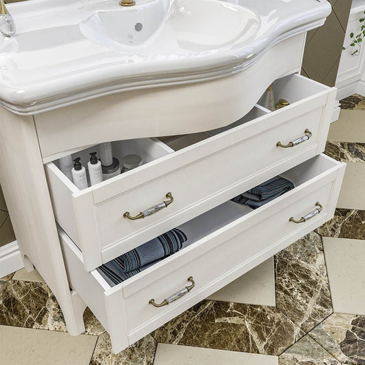 Mobile bagno a terra 115 cm bianco decape con cassetti specchio e lampade Romantica