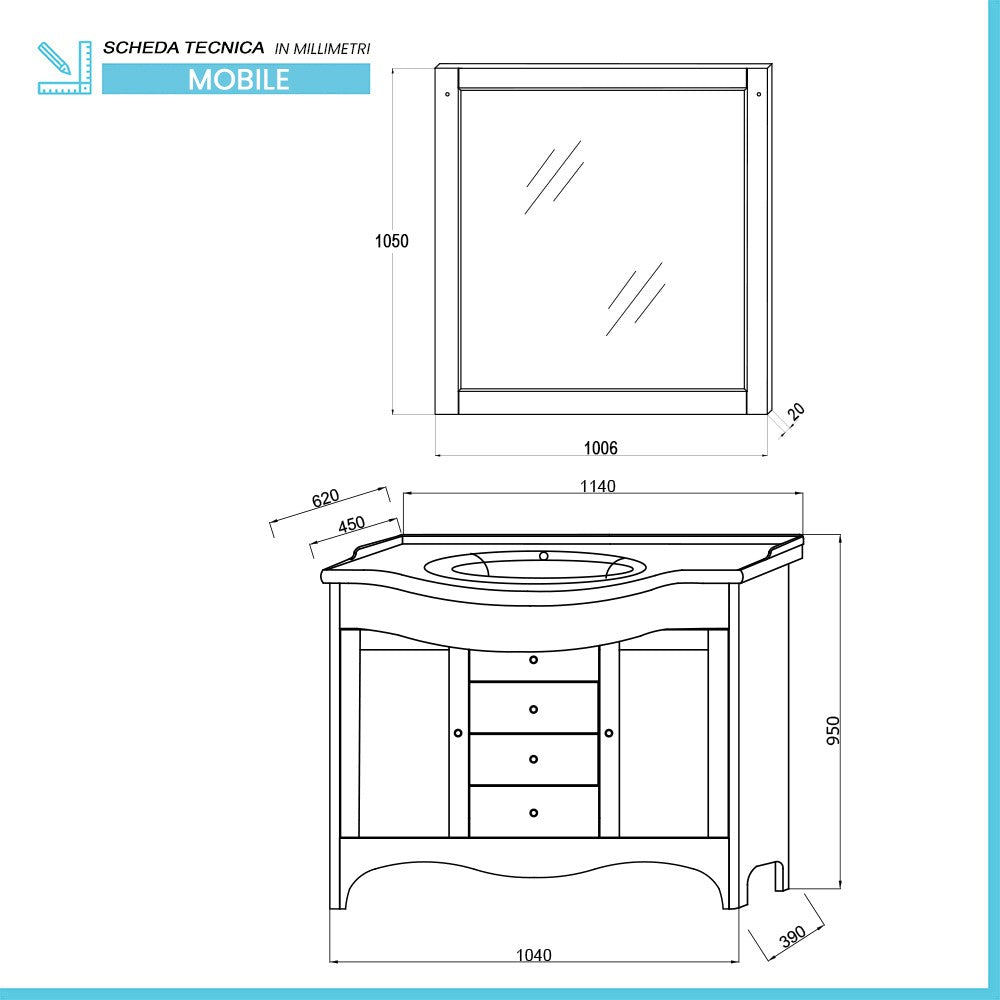 Mobile bagno a terra 115 cm bianco decape con lavabo specchio e lampade Romantica