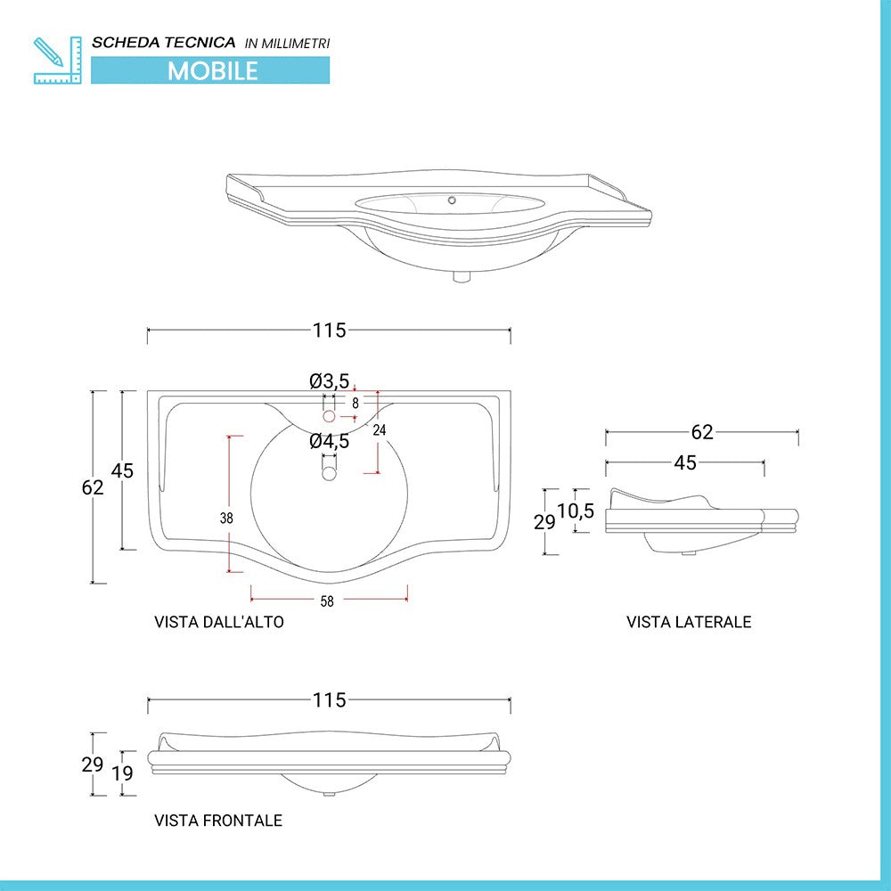 Mobile bagno a terra 115 cm noce con cassetti specchio e lampade Romantica