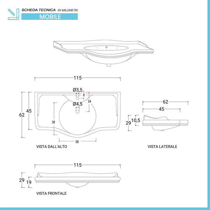 Mobile bagno a terra 115 cm noce con cassetti specchio e lampade Romantica