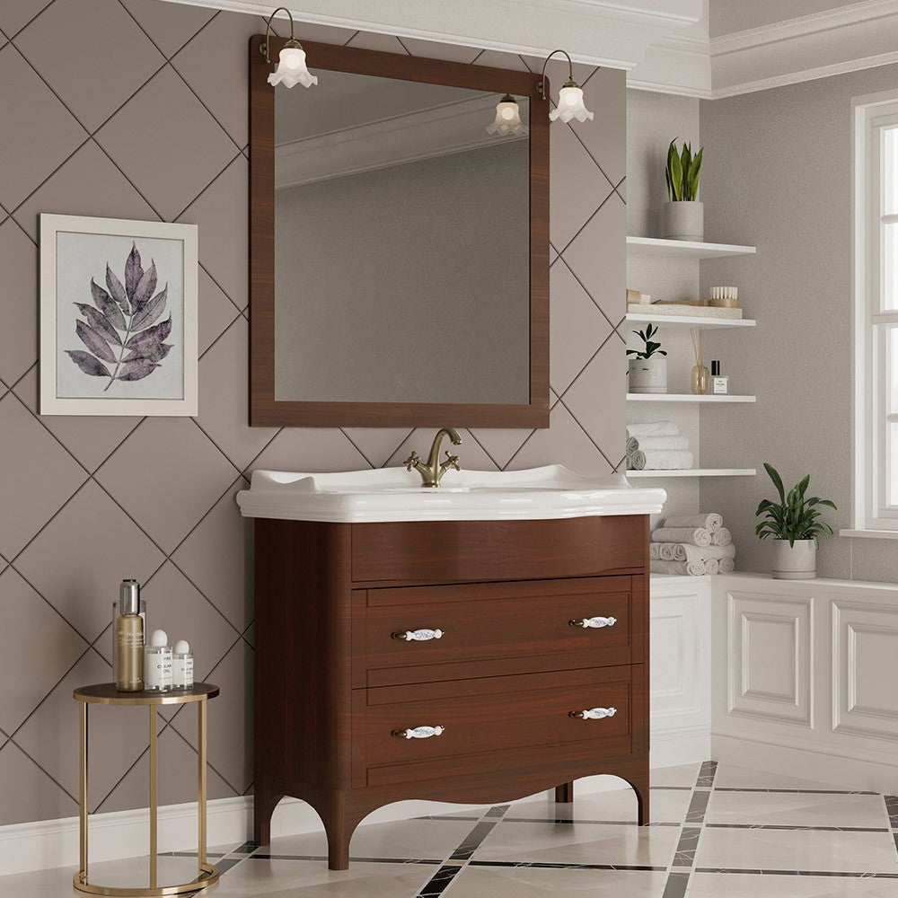 Mobile bagno a terra 115 cm noce con cassetti specchio e lampade Romantica