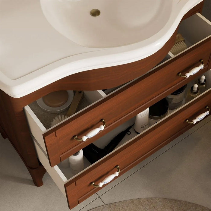 Mobile bagno a terra 115 cm noce con cassetti specchio e lampade Romantica