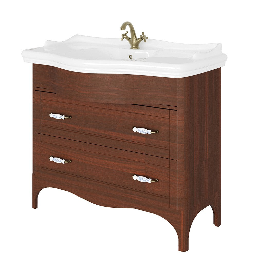 Mobile bagno a terra 115 cm noce con cassetti specchio e lampade Romantica