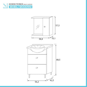 Mobile bagno a terra 55 cm Creta bianco lucido completo di specchio con anta