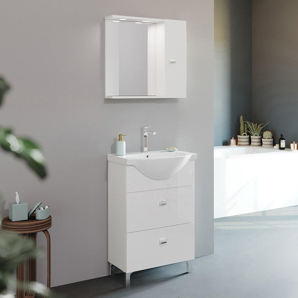 Mobile bagno a terra 55 cm Creta bianco lucido completo di specchio con anta