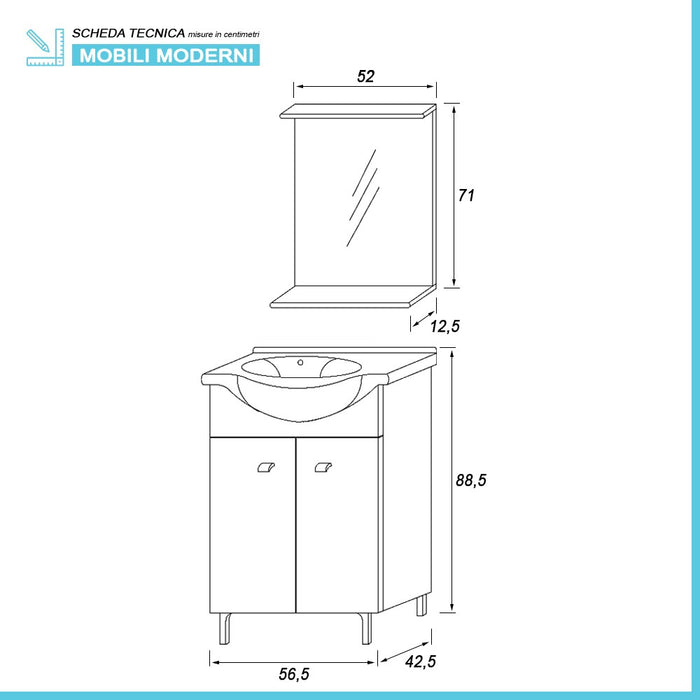 Mobile bagno a terra 55 cm Creta bianco lucido con lavabo e specchio