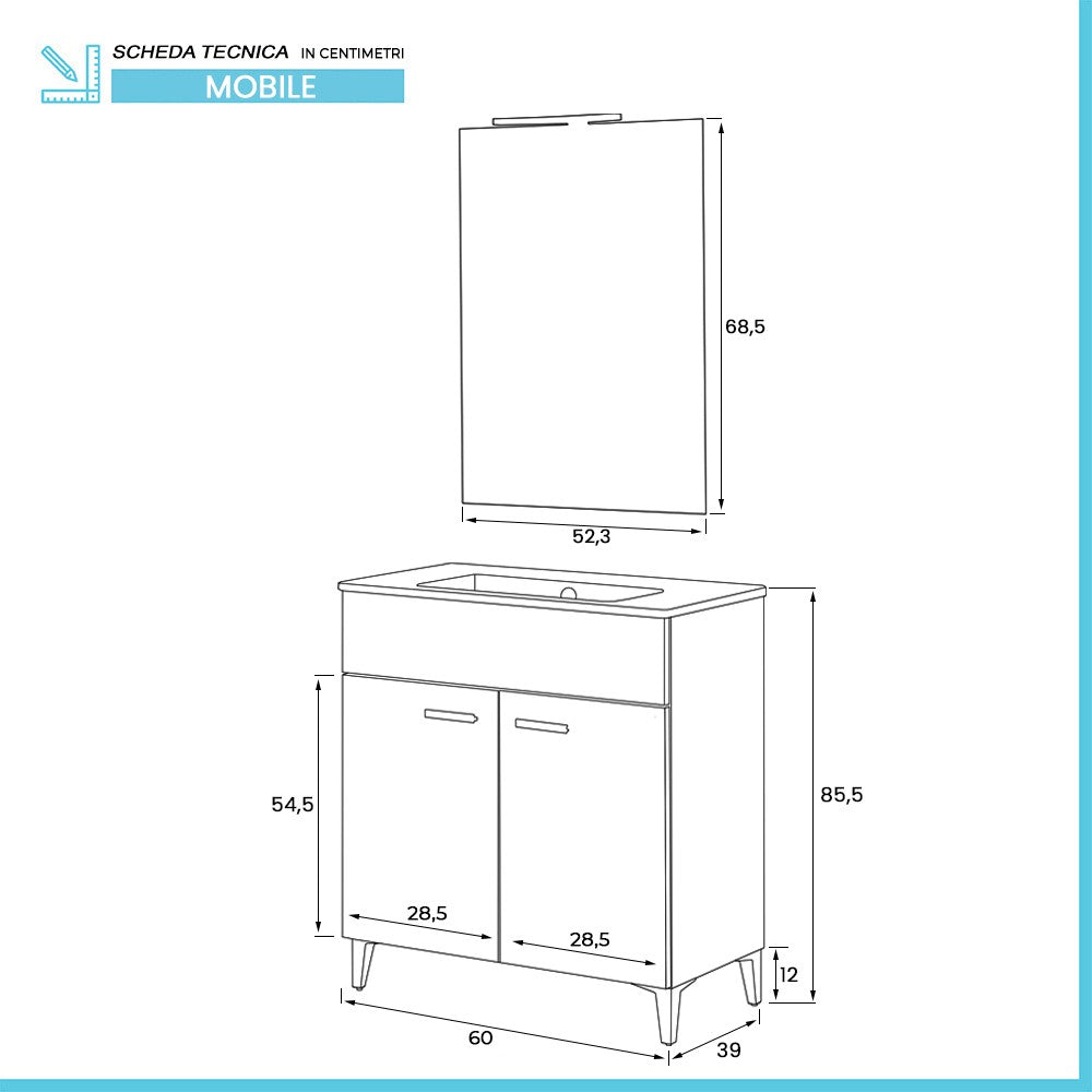 Mobile bagno a terra 60 cm bianco lucido con 2 ante lavabo e specchio | Martha