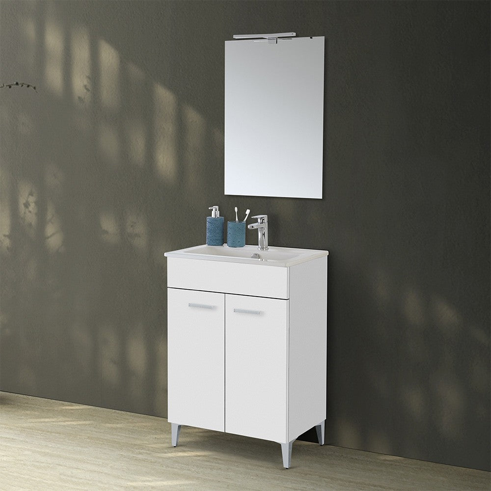 Mobile bagno a terra 60 cm bianco lucido con 2 ante lavabo e specchio | Martha