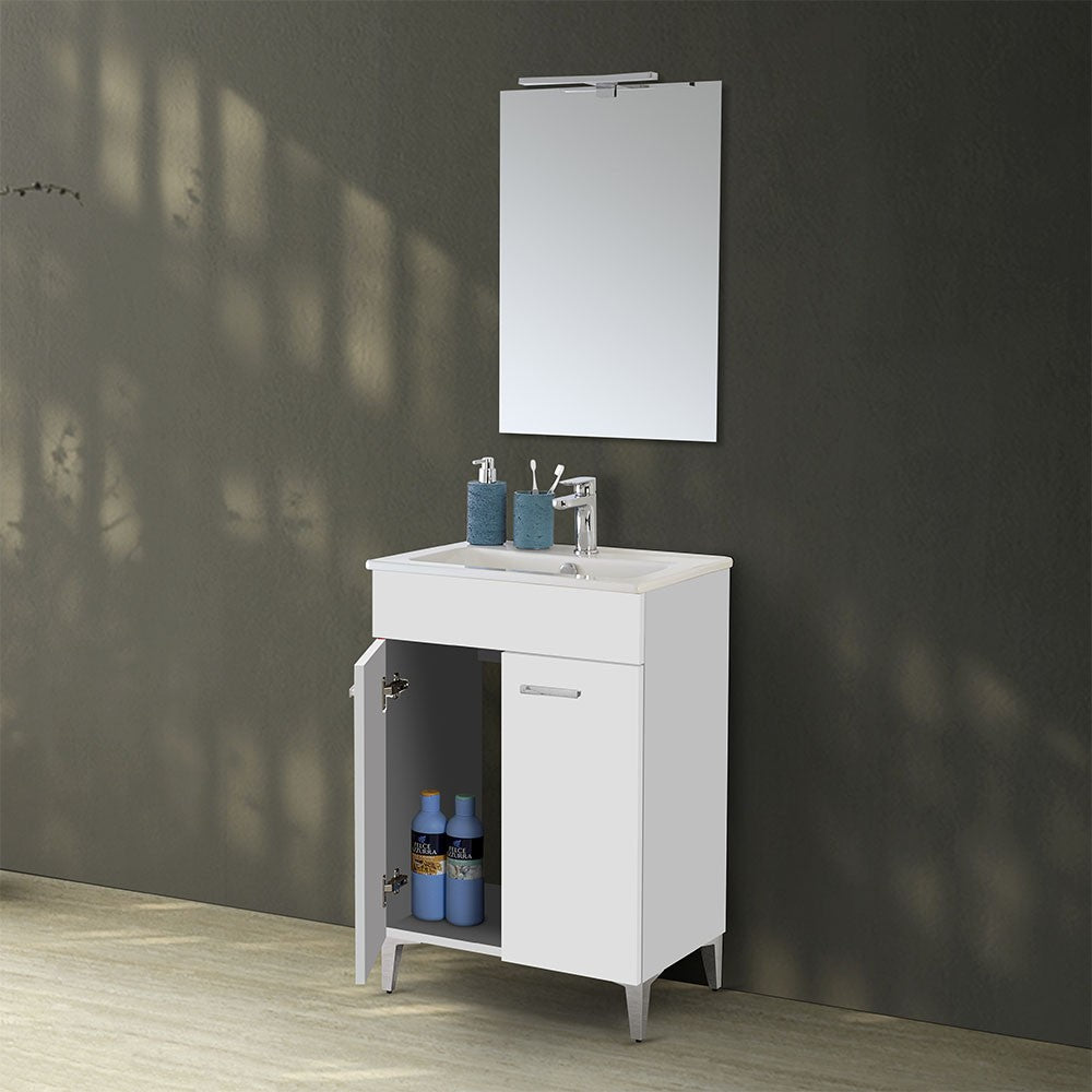 Mobile bagno a terra 60 cm bianco lucido con 2 ante lavabo e specchio | Martha