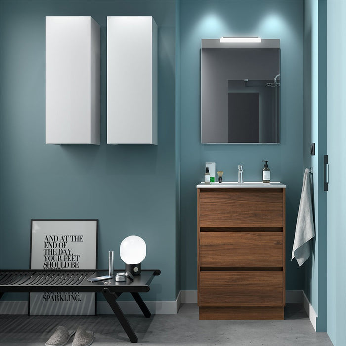 Mobile bagno a terra 60 cm noce maya con specchio e lavabo Gaya