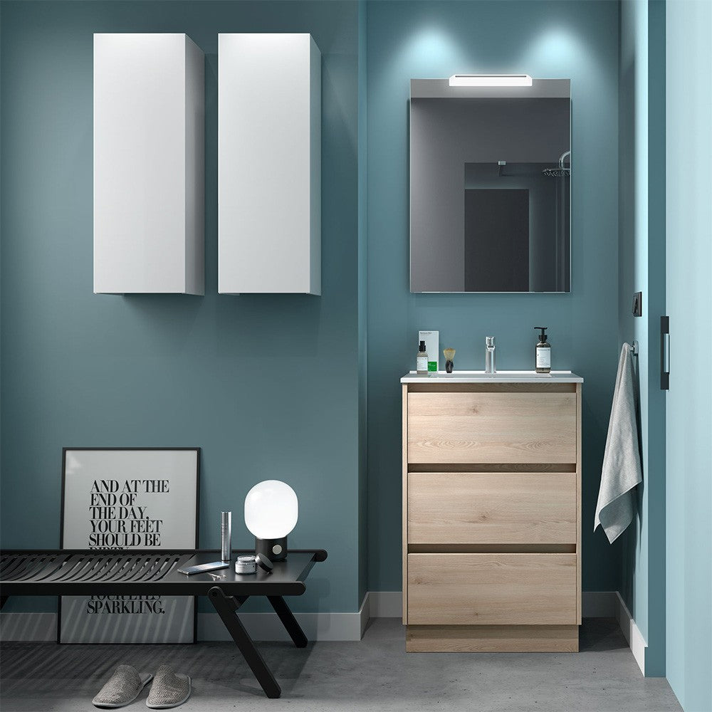 Mobile bagno a terra 60 cm rovere bali con specchio e lavabo Gaya