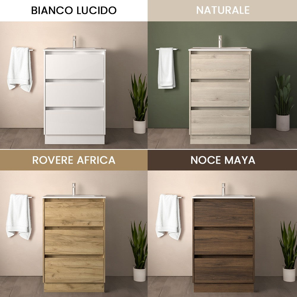 Mobile bagno a terra 60 cm rovere bali con specchio e lavabo Gaya