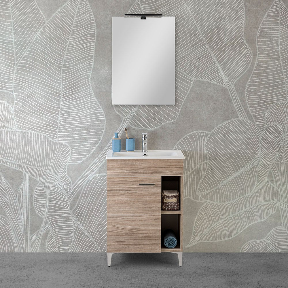 Mobile bagno a terra 60 cm rovere tropea con 1 anta lavabo e specchio | Martha