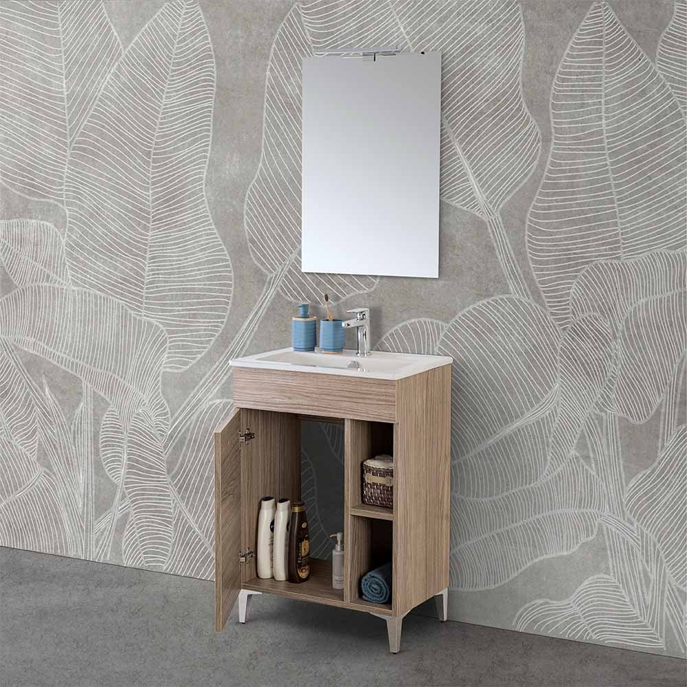 Mobile bagno a terra 60 cm rovere tropea con 1 anta lavabo e specchio | Martha