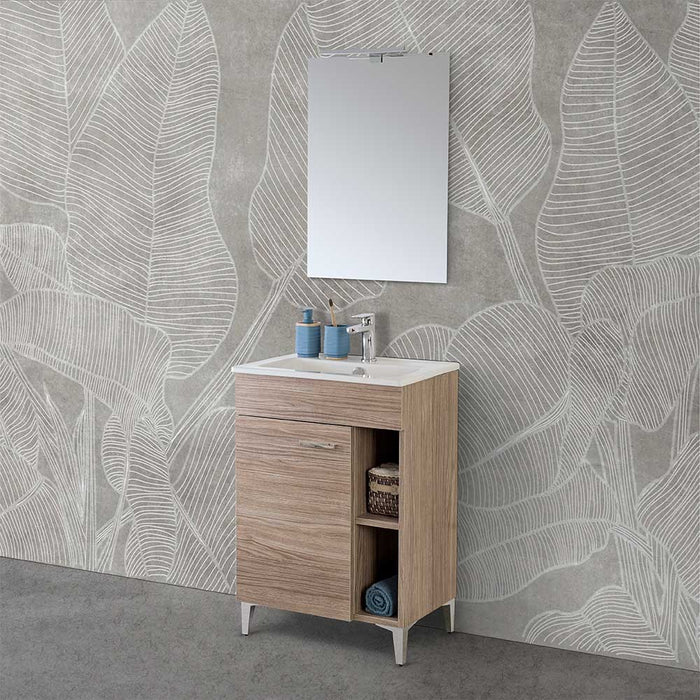 Mobile bagno a terra 60 cm rovere tropea con 1 anta lavabo e specchio | Martha