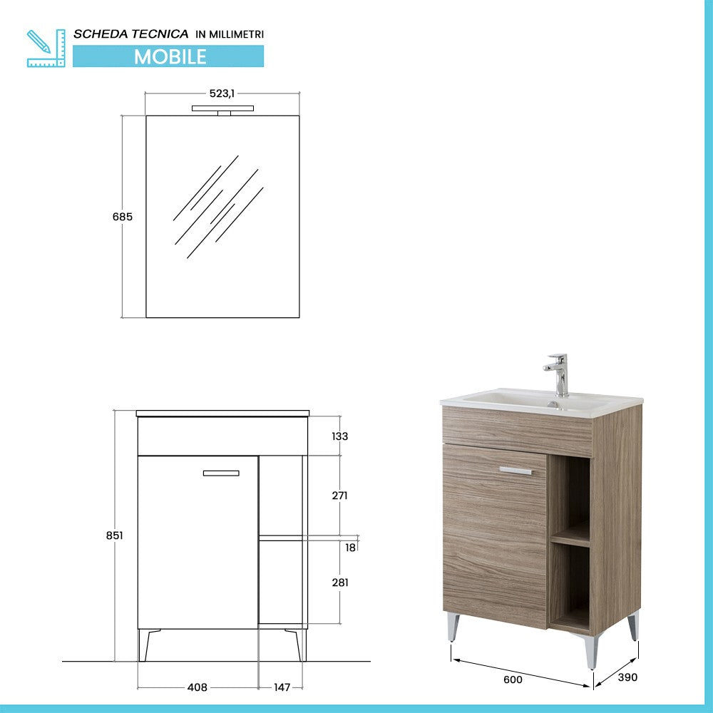 Mobile bagno a terra 60 cm rovere tropea con 1 anta lavabo e specchio | Martha