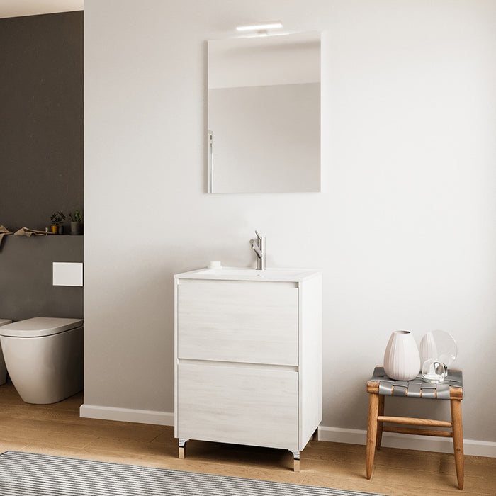 Mobile bagno a terra 60 rovere bianco con lavabo e specchio LED Lisbona