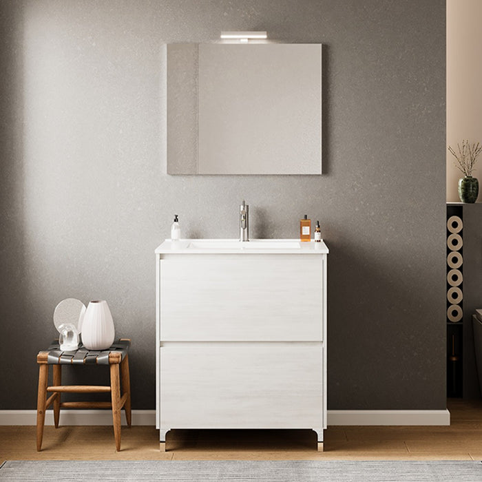 Mobile bagno a terra 60 rovere bianco con lavabo e specchio LED Lisbona