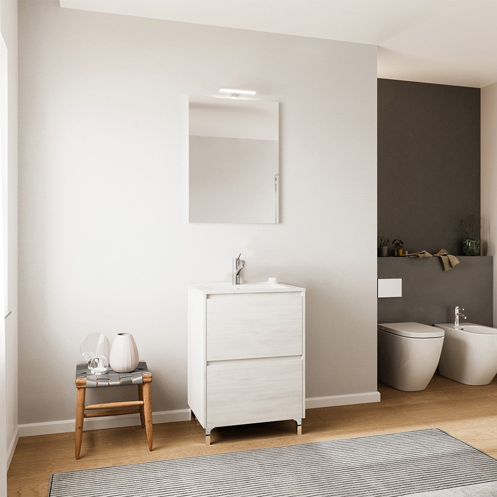 Mobile bagno a terra 60 rovere bianco con lavabo e specchio LED Lisbona