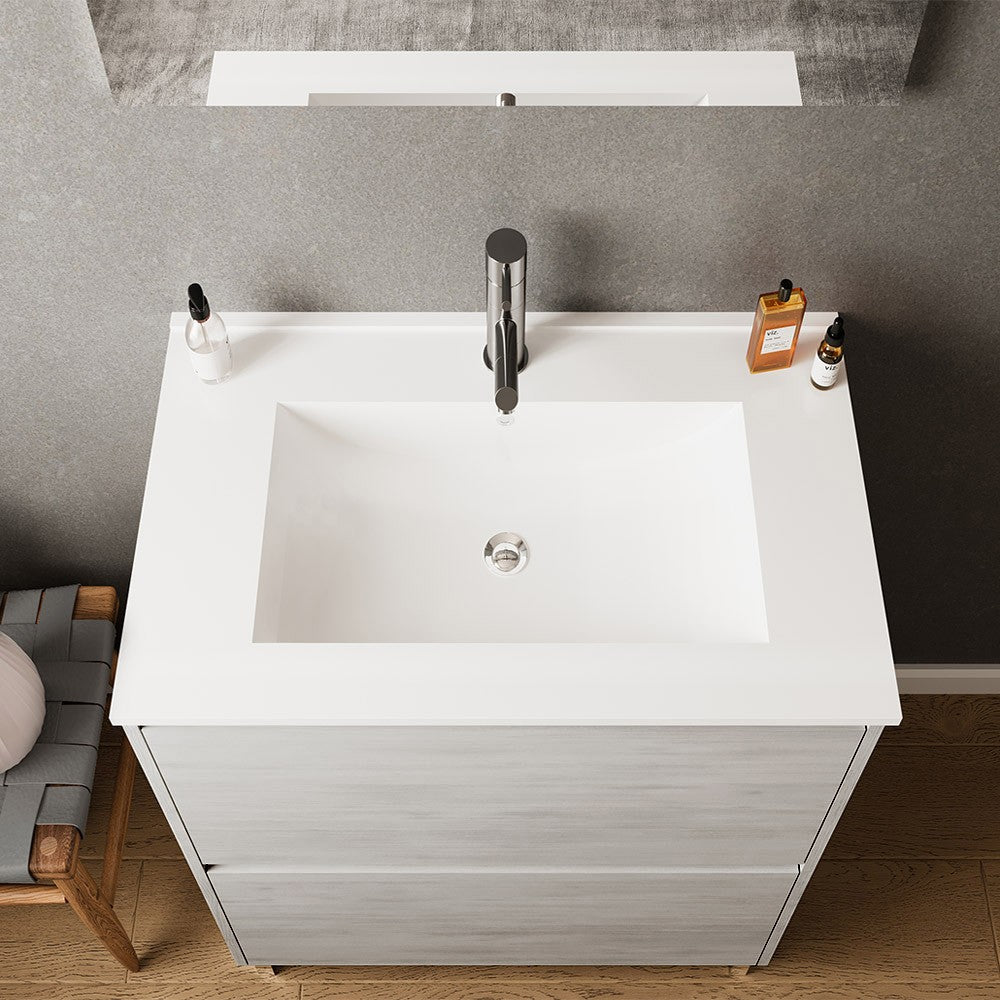 Mobile bagno a terra 60 rovere grigio con lavabo e specchio LED Lisbona