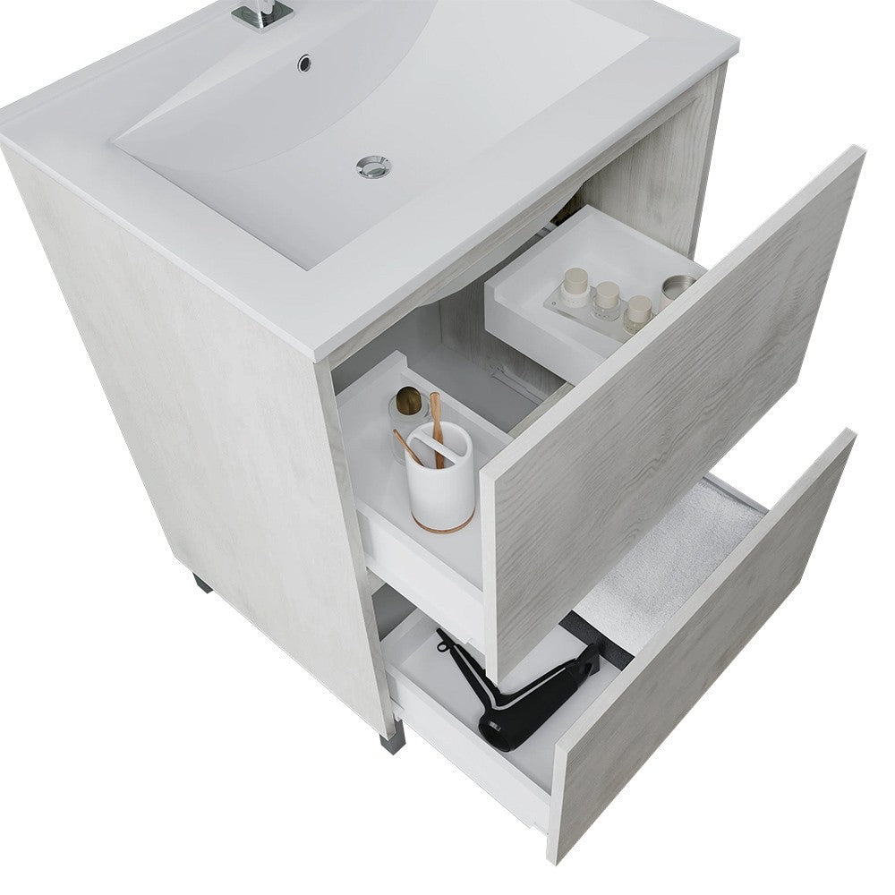 Mobile bagno a terra 60 rovere grigio con lavabo e specchio LED Lisbona