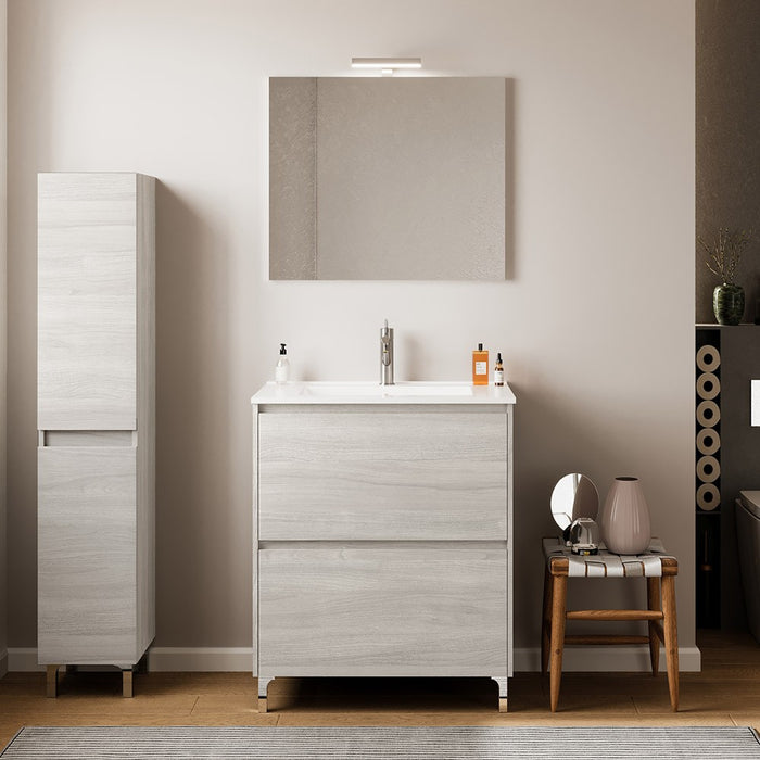 Mobile bagno a terra 60 rovere grigio con lavabo e specchio LED Lisbona