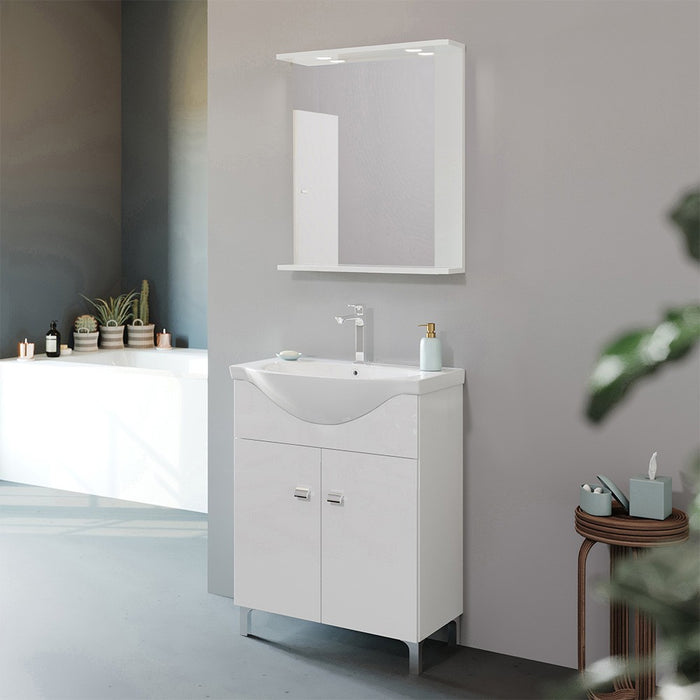 Mobile bagno a terra 65 cm Creta bianco lucido con lavabo e specchio