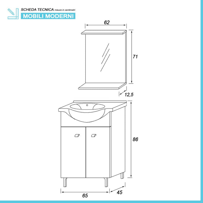 Mobile bagno a terra 65 cm Creta bianco lucido con lavabo e specchio