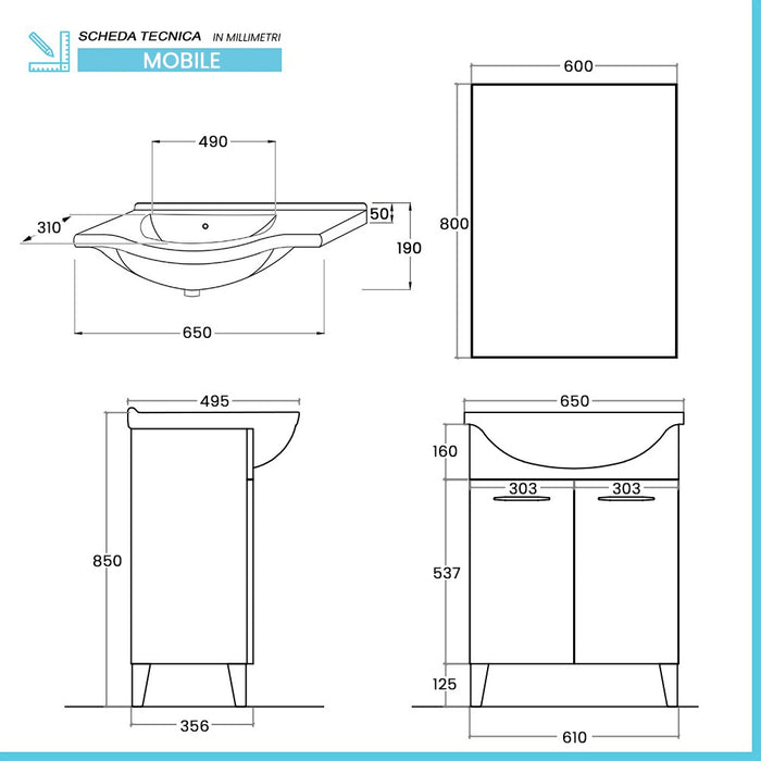 Mobile bagno a terra 65 cm grigio calce con lavabo e specchio Moon