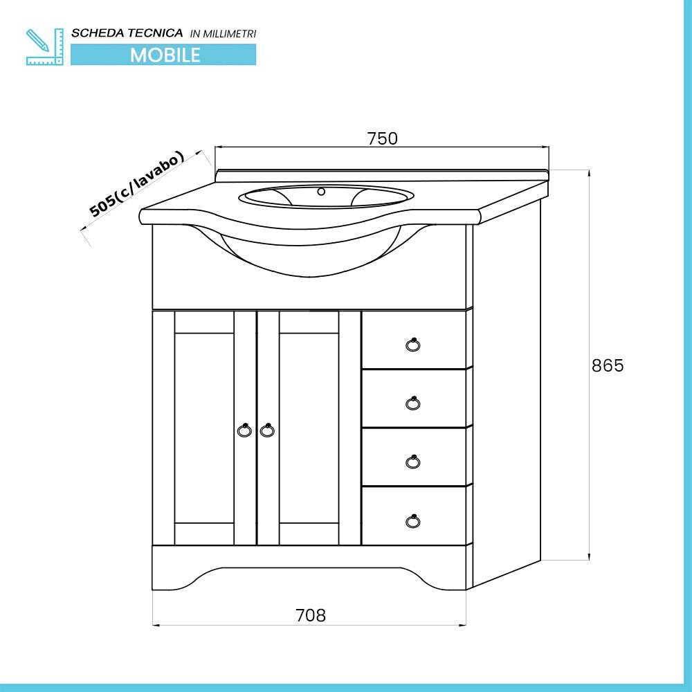 Mobile bagno a terra 75 bianco decape con lavabo e specchio Romantica