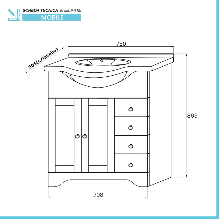 Mobile bagno a terra 75 bianco decape con lavabo e specchio Romantica