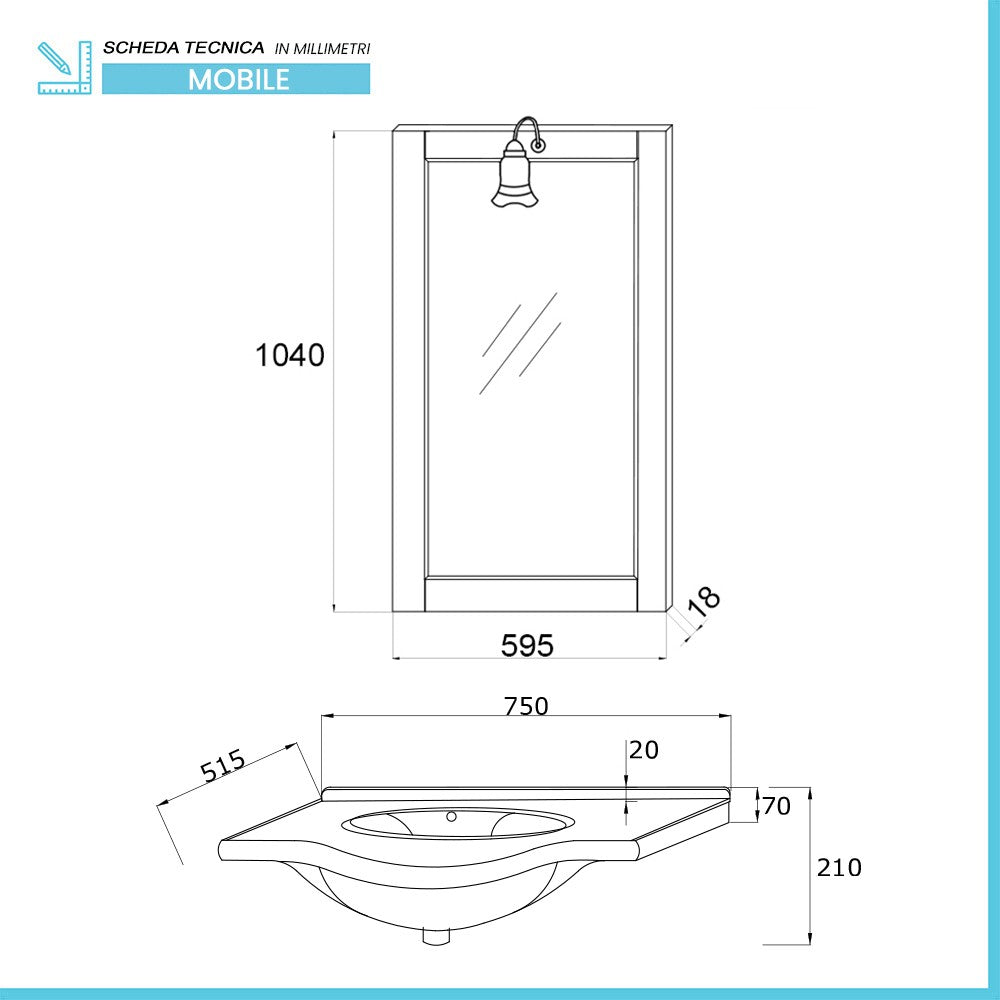 Mobile bagno a terra 75 bianco decape con lavabo e specchio Romantica