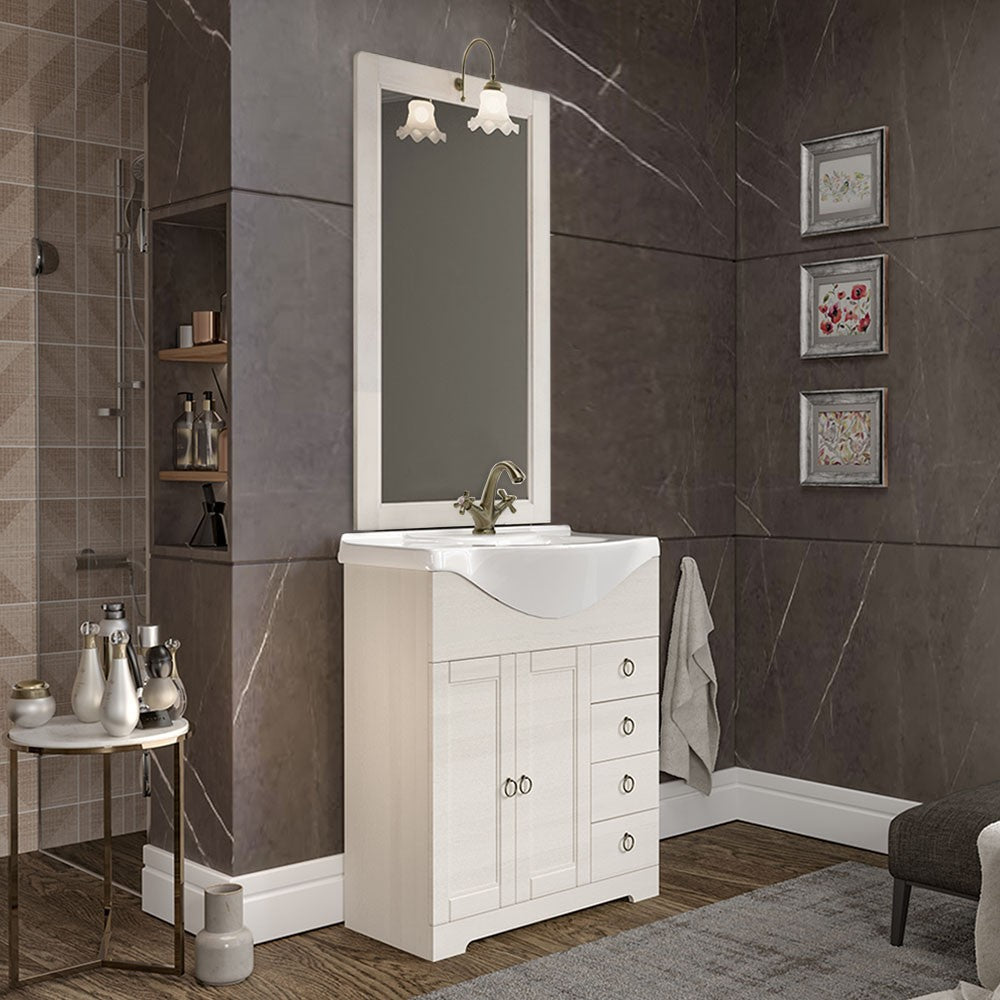 Mobile bagno a terra 75 bianco decape con lavabo e specchio Romantica