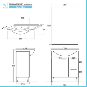 Mobile bagno a terra 75 cm grigio calce con lavabo e specchio Moon